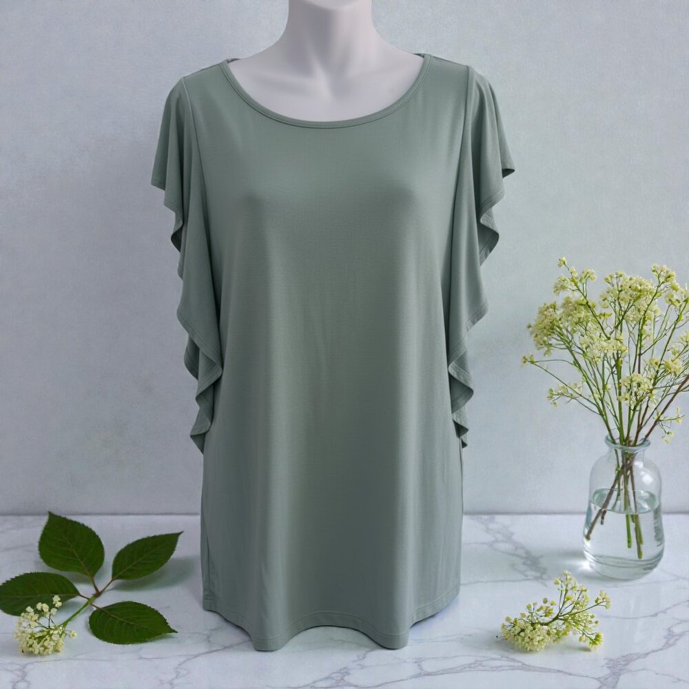 IMAN Global Chic Flutter Sleeve Top | Sage Mint Green | Size S | NWT - Picture 1 of 8